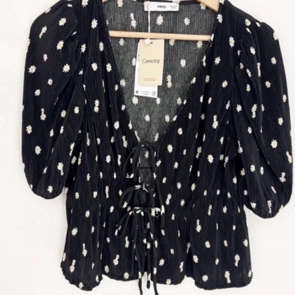 Mango Pleated Tie Front Top